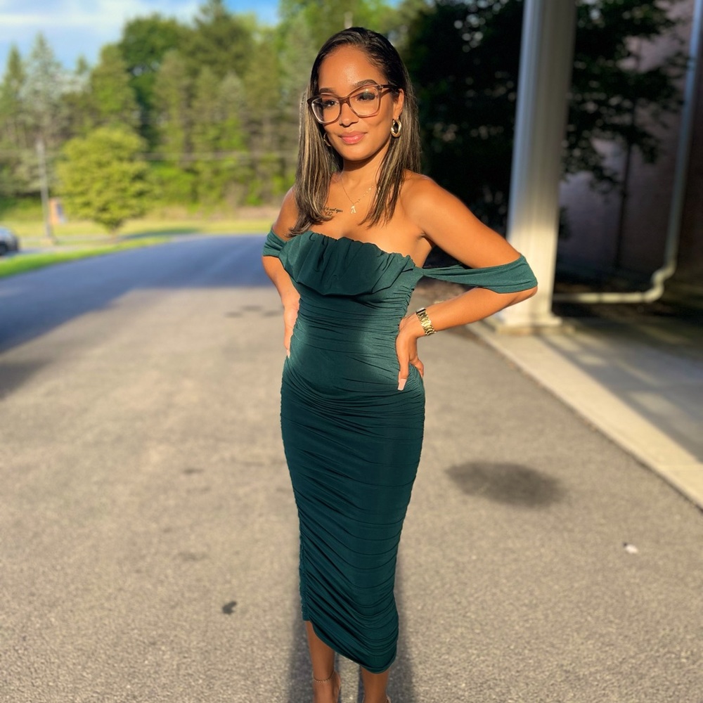 Emerald green slinky Drape Midi Dress